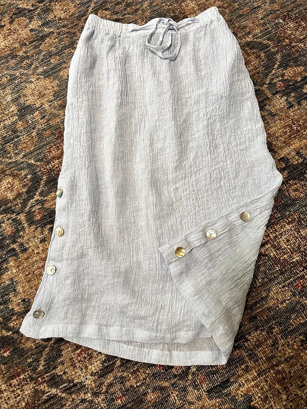 Tahari 100% Linen Midi Skirt XL Blue Gray Side Button Drawstring Coastal